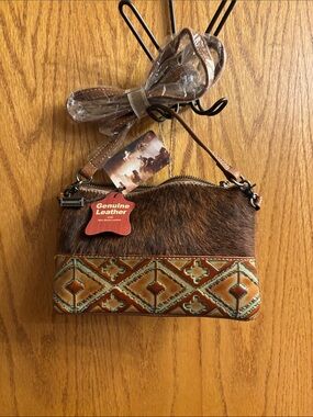 Montana West Brown Haircalf & Tooled Turquoise Accent Crossbody Bag